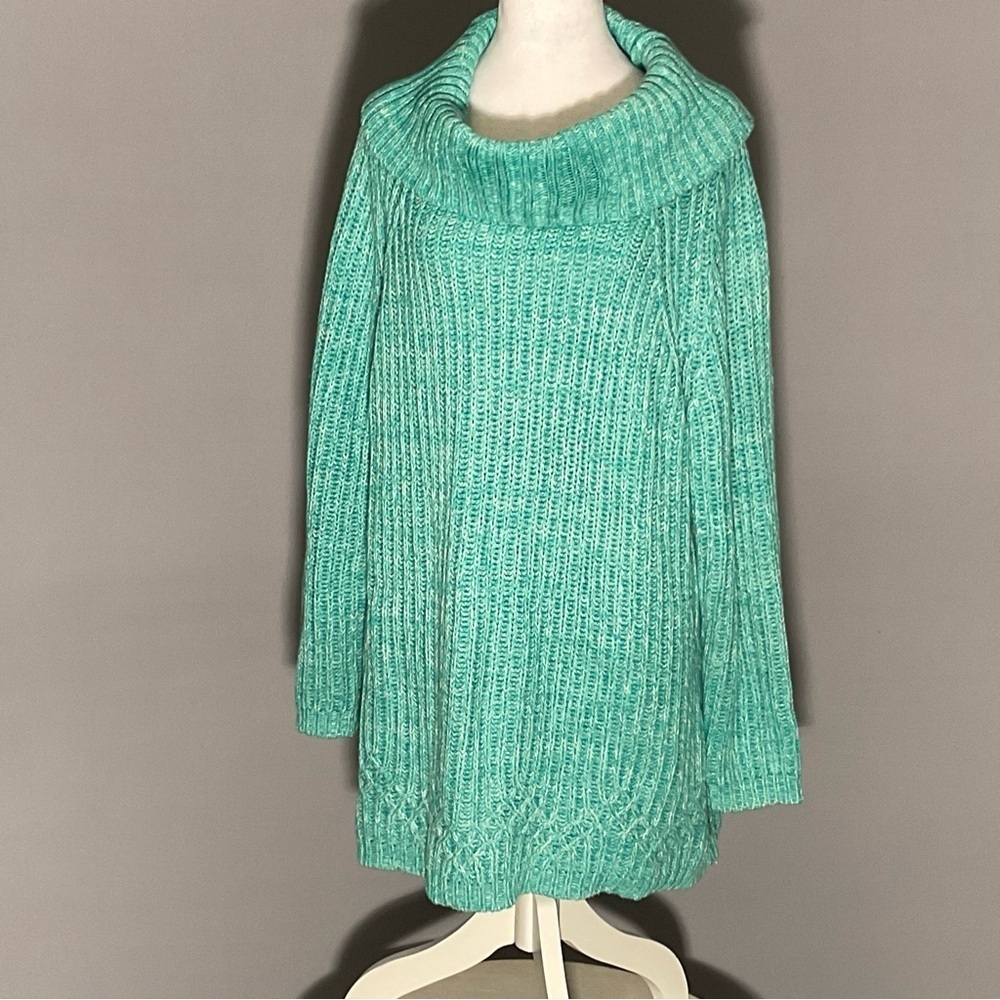 Coldwater Creek Plus Size 1X Green Cotton Blend Cowl Neck Tunic Sweater - Picture 14 of 16